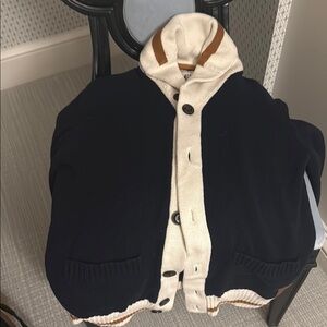 Roots Knit cardigan Sweater in navy with accents of   Cream and Brown